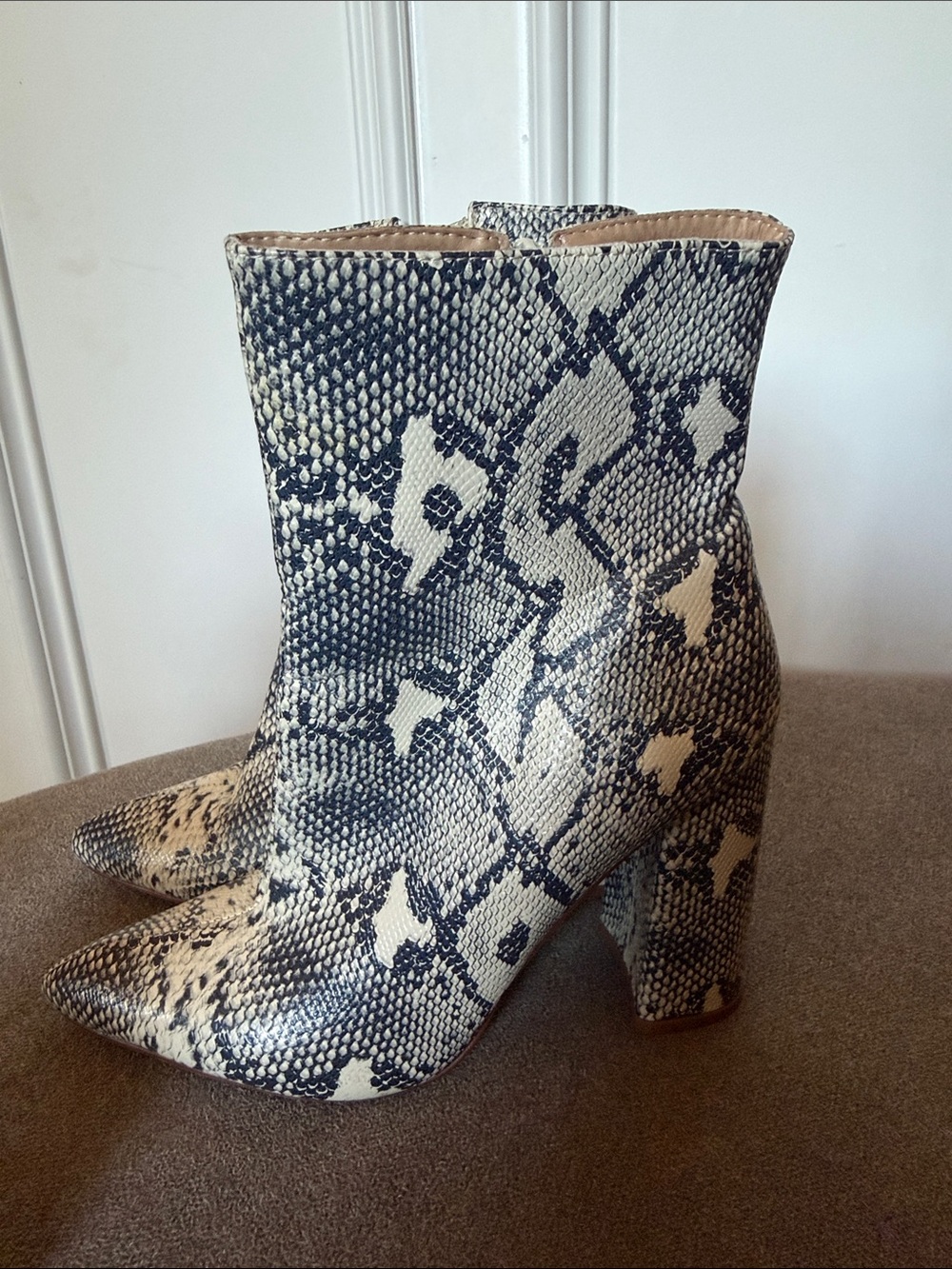 PrettyLittleThing Black & Cream Snake-Print Block Heel Ankle Boots